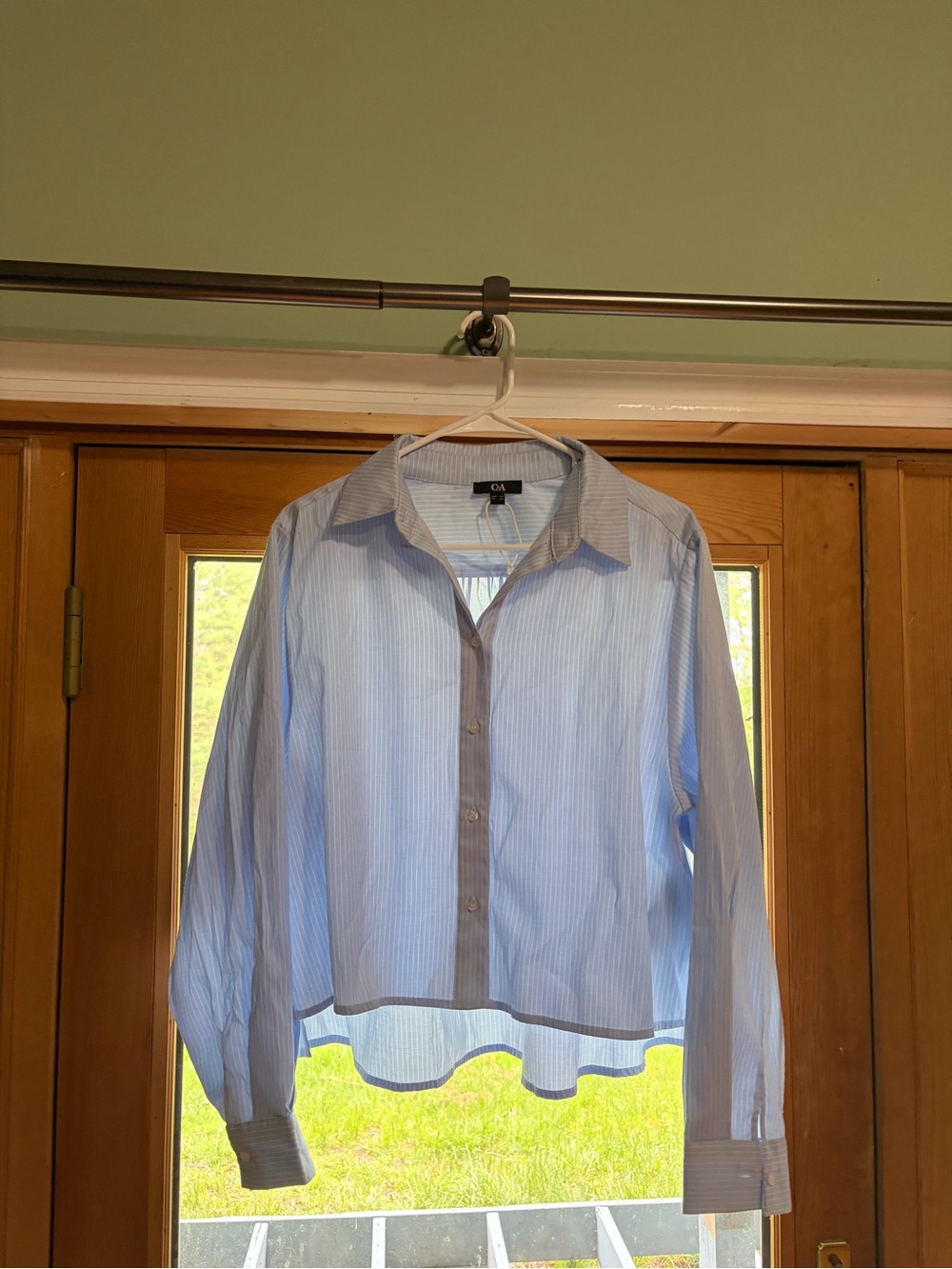 C&amp;A Light Blue Pinstripe Button-Up Blouse